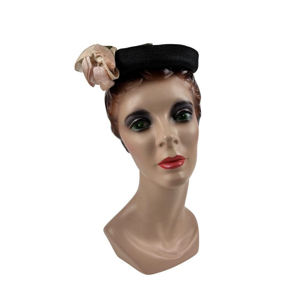 Vintage 50s Rose Hat Pink Black Woven Straw Round Pillbox Charmer - Picture 10 of 10